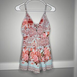 Papaya‎ Womens Floral Paisley Romper Small Blue Pink Lace Up V-Neck